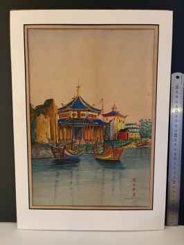 Original watercolour of harbour scene with pagodas & junks.