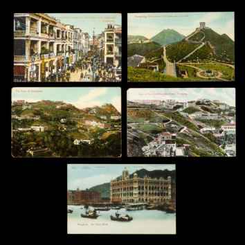 Five chromolithographic postcards with views of Hong Kong, early 1900s.